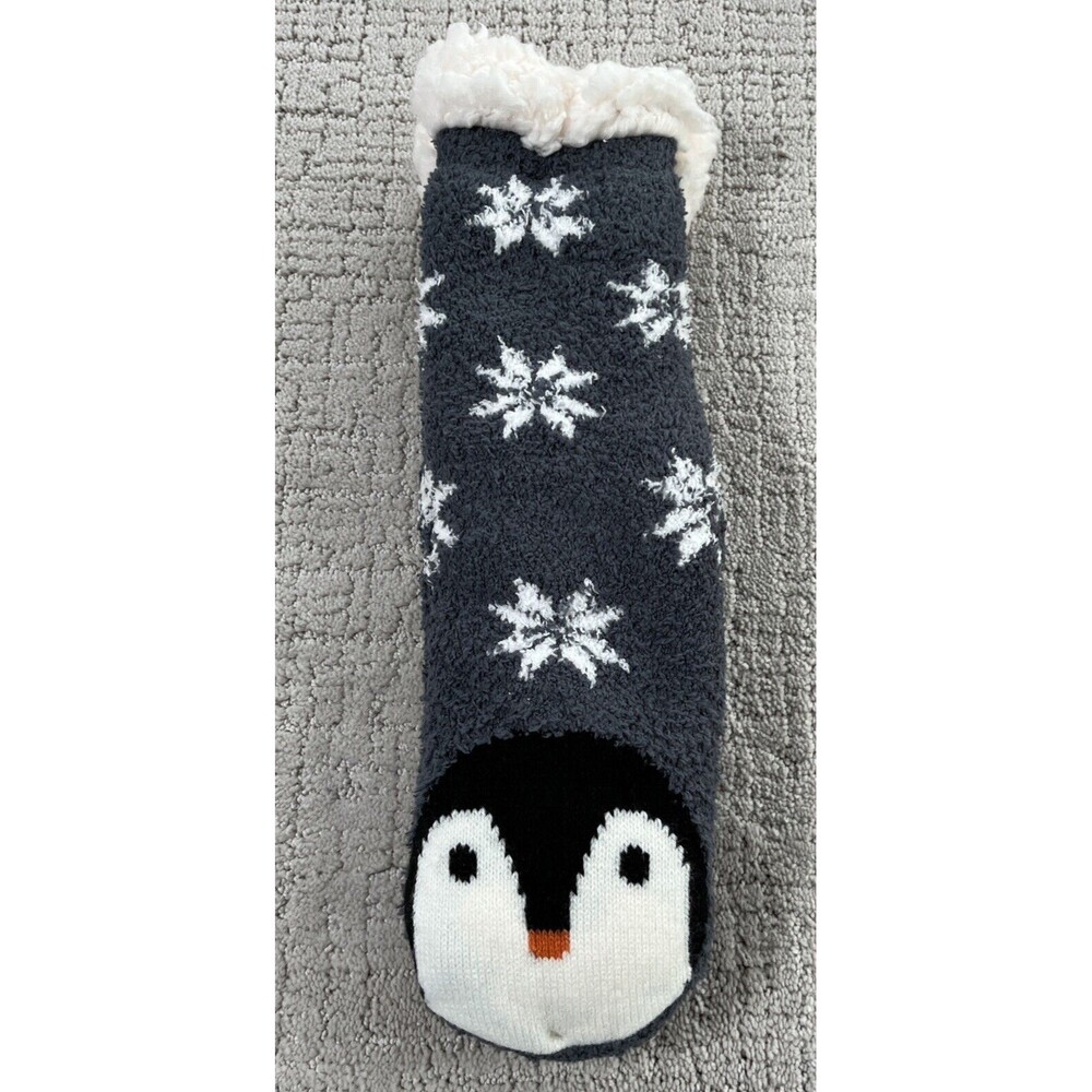 Love at First Sight Penguin Snowflake Knit Sherpa Slipper Socks Purple New! NWT